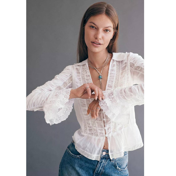 New Free People Penelope Long Sleeve Lace Button Blouse $168 MEDIUM Ivory - Picture 1 of 8